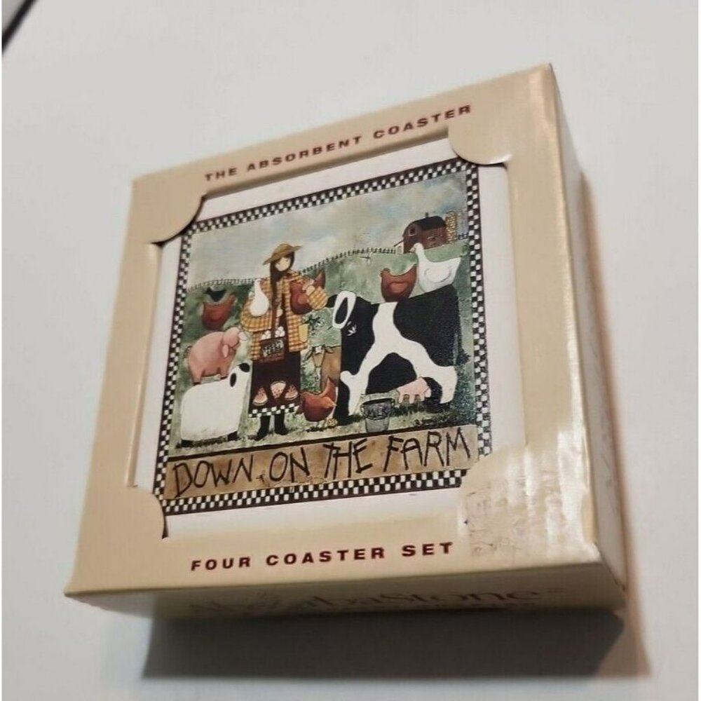 AbsorbaStone "Down on the Farm" Coasters Set of 4 Cow, Chickens, Pig, Scarecrow